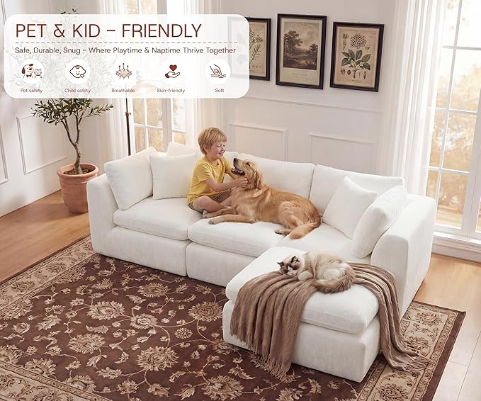 110'' Oversized Cloud Sectional Boneless Couch for Living Room, Modern Big Compressed L Shape Couch with Ottoman & 2 Throw Pillows, Chenille Deep Seat Memory Foam Spineless 4 Seater Sofa,Beige | Premium Chenille, Cloud-Like Comfort, Versatile Style, Wa...
