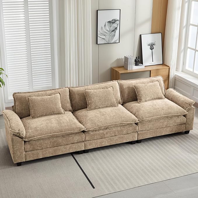 120" Modular Sectional Sofa, Comfy Cloud Couch Sectional, Chenille Sofa Sleeper Deep Seat Sofa with Throw Pillows for Living Room (Khaki, 120"- 3 Seater)