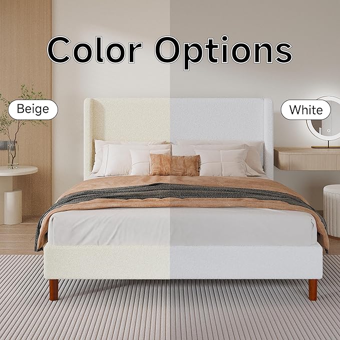 King Boucle Bed Frame, Platform Bed with Upholstered Wingback Headboard, Strong Wooden Slats Support, Noise-Free, No Box Spring Needed, Easy Assembly, Beige