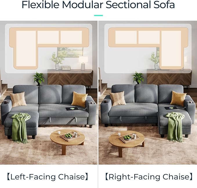 LINSY HOME Sectional Sleeper Sofa with Pull Out Couch Bed for Living Room (Grey) | Plush Corduroy, Storage Ottoman, Storage Chaise, Pull Out Couch, USB Charging