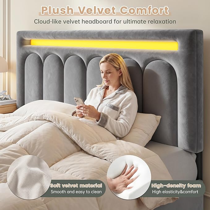 Homkdom Velvet Upholstered Queen Bed Frame with 4 Storage Drawers, Vertical Arched LED Headboard, Sturdy Wood Slats Support, No Box Spring Needed, Grey