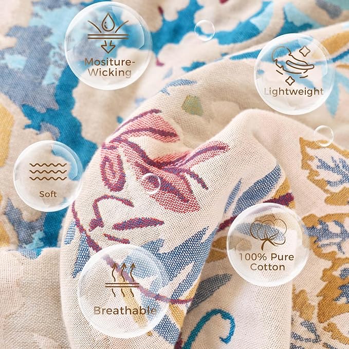 LUTBM Boho Throw Blanket for Bed Cotton Spring Blankets Twin Size for Bedroom Living Room All Season Lightweight Floral Embroidery Decorative Breathable Quilt for Couch Sofa Chair 60"x80"