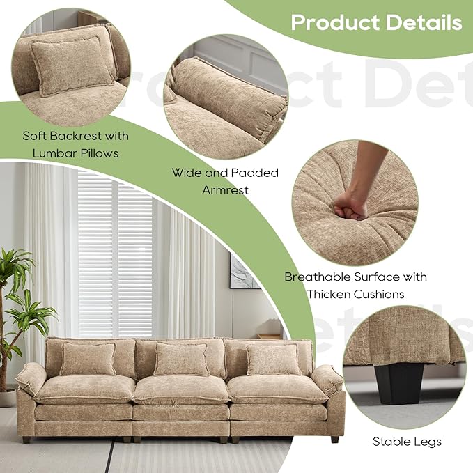 120" Modular Sectional Sofa, Comfy Cloud Couch Sectional, Chenille Sofa Sleeper Deep Seat Sofa with Throw Pillows for Living Room (Khaki, 120"- 3 Seater)