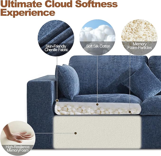 155''Cloud Boneless Sectional Couch, Modular Sectional Sofa Deep Seat with Ottoman, Oversized Upholstered Convertible Comfy 5 Seater Chenille Sofa L Shape Couches for Living Room, Blue