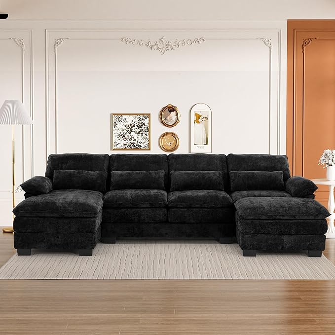 114" Cloud Couch Sectional Modular Sofa U Shaped Sectional Couches for Living Room Comfy 5-Seater Deep Seat Couch Chenille Cloud Sectional Sofa with Movable Ottoman & 4 Pillows, Jet Black