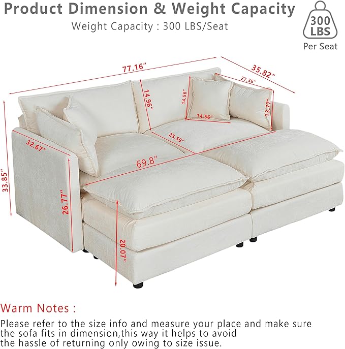 Setawix Deep Loveseat Couch with Ottomans,Large 2 Seater Lounger Cloud Couches for Living Room,77.16" Chenille Cloud Sofas with Deep Seat,Modular Sectional Sleeper Sofa for Bedroom (Beige, 2+2)