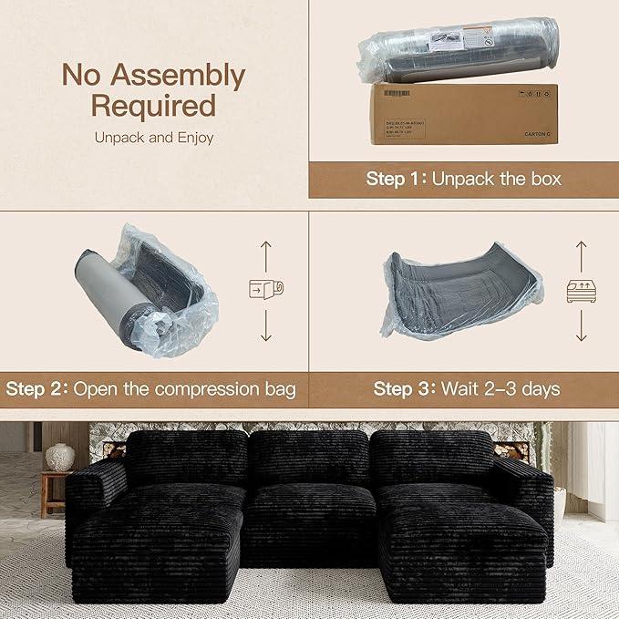 Belffin Boneless Modular Cloud Sectional Couch with Deep Seat Plush Corduroy 3-Seater Boneless U Shaped Couch with Ottoman No Assembly Required. Black Sofa