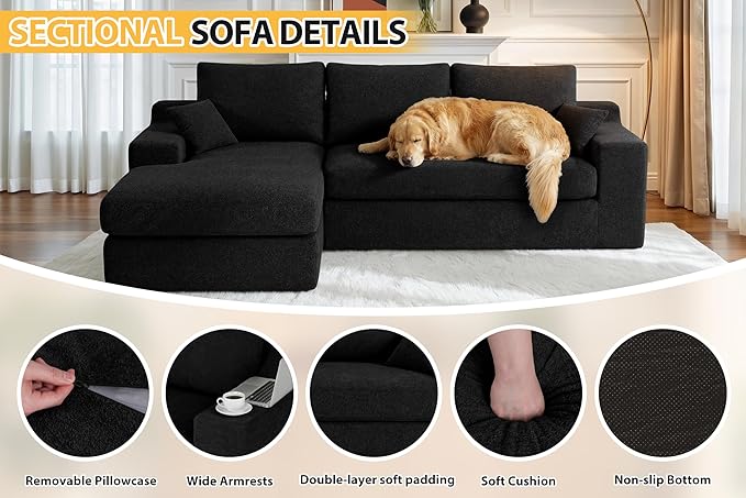 HABUTWAY 101'' Modular Sectional Sofa, Cloud Sectional Couches for Living Room, Comfy Boneless Couch with Deep Seat, Modern L-Shape Sofa with Chaise, No Assembly Required (Black, Left Facing Chaise)