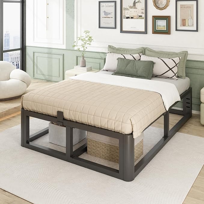 Firpeesy Metal Heavy Duty 14 inch Queen Bed Frame with Rounded Corner and Headboard Hole Mattress Retainers 3500 LBS No Box Spring Needed Platform Noise Free Easy Assembly