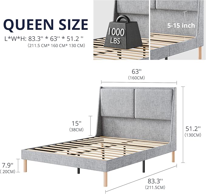Cozy Castle Queen Size Upholstered Platform Bed Frame with 51.2" Tall Wingback Headboard, Double Backrest Metal Bed Frame, No Box Spring Needed, Easy Assembly, Bedroom Furniture, Grey