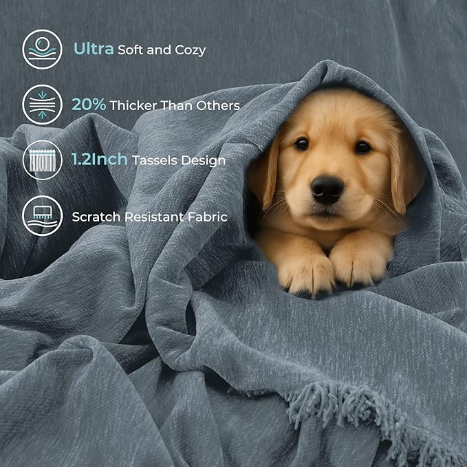 Sectional Couch Covers, 2 Pieces Chenille Sofa Cover L Shaped Couch Cover Blanket for Dogs Washable Sofa Slipcovers Pet Furniture Protector (X-Large: 71" x 110" + 71" x 118", Blue)