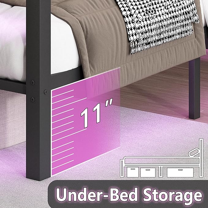 CLIBFENG Twin Bed Frame with Headboard and Footboard,Steel Slats Support-LED Bed Frame with USB Charging Station,Mattress Foundation-Under Bed Storage,No Box Spring Needed,Noise Free,Black