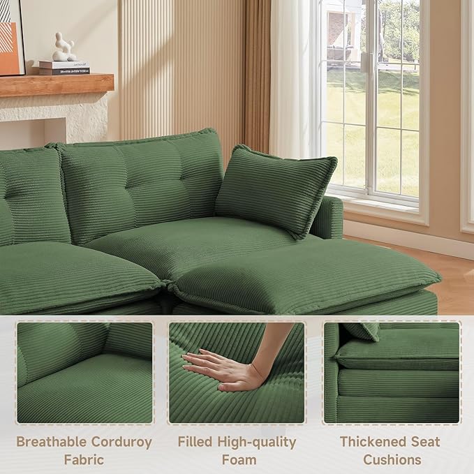 Modular Sectional Sofa, 76.5" L-Shaped Corduroy Comfy Sectional Couches for Living Room, 2-Seater Cloud Couches with 1 Movable Ottoman, Flexible Combination Modern Deep Seat Sofa (Green)