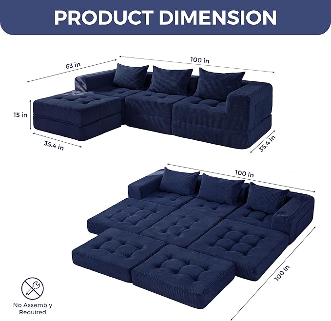 MAXYOYO Modular Sectional Sofa Couch, Foldable L-Shaped Folding Sofa Bed with Ottoman, Convertible Sectional Couch Corded Tufted Floor Sofa Lounger with Pillows for Living Room, No Assembly, Navy