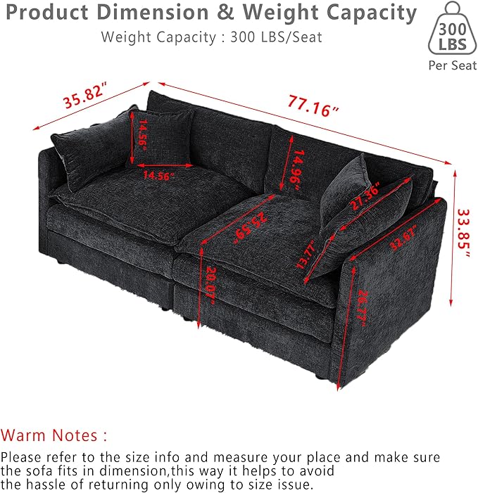 Setawix Chenille Loveseat Sofa Couch with Deep Seat,Large 2 Seater Cloud Couches for Living Room,77.16" Roomy Cloud Sofas,Modular Sectional 2 Seat Sofa with Pillows for Bedroom. (Black, 2 Seater)