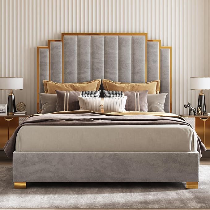 AMERLIFE King Size Upholstered Bed, Modern Velvet Bed Frame with 65.4” Tall Gold Trim Headboard, No Box Spring Needed, Grey