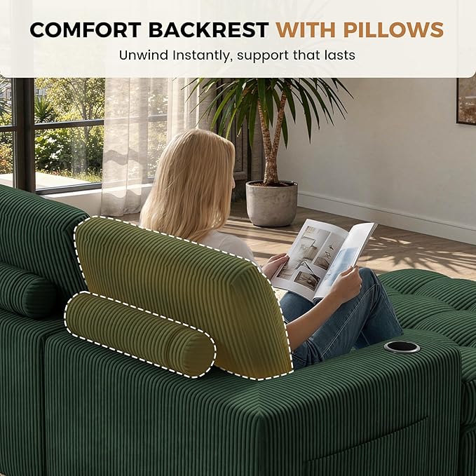 144" U Shaped Cloud Boneless Couch,Modern Modular Sectional Sofa with Layered Cushion,No Assembly Convertible Corduroy Couches for Living Room,Green 1 PCS