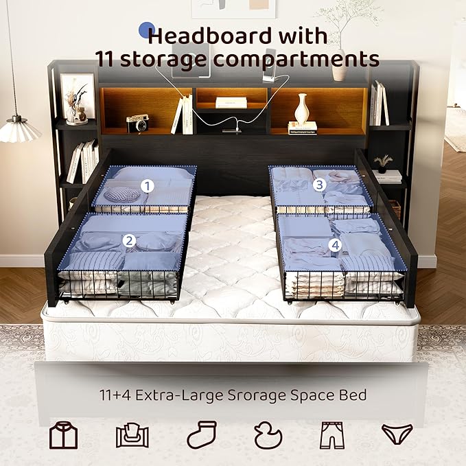 BRELTAM King Size Bed Frame with 4 Storage Drawers and Headboard Featuring Shelf Storage, Wooden Platform Bed Frame with LED Lights and Charging Station, Easy Assembly/No Box Spring Needed/Black