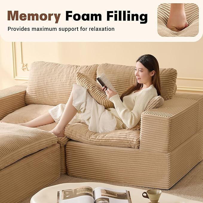 74.8” Set of Cloud Couch, Modular Loveseat Sofa, Convertible Sofas Bed, Deep Seat Sofa, Cozy Sofa for Living Room, Office and Bedroom, L Shaped Cozy Sofa Furniture Set, Corduroy, Camel