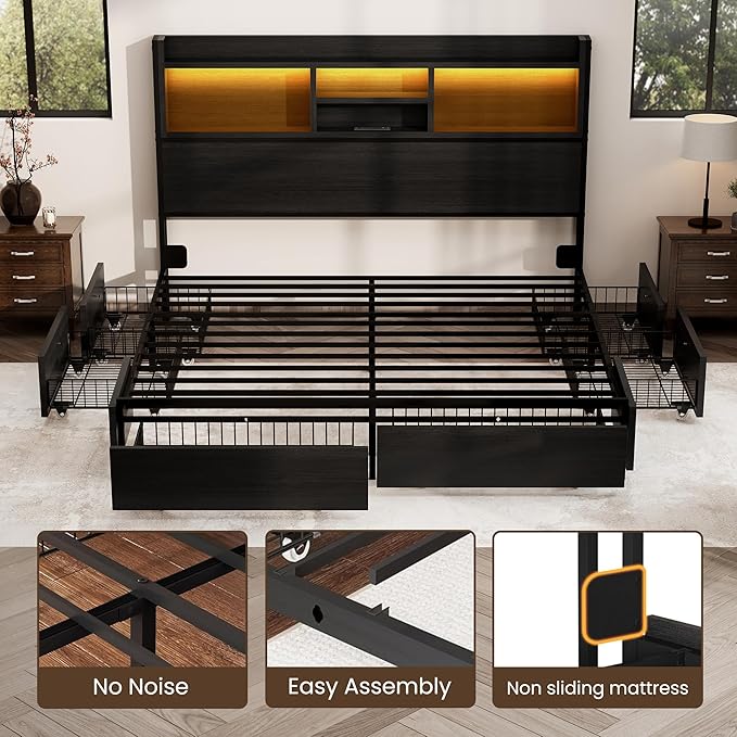 BRELTAM Queen Storage Bed Frame with 6 Drawers, USB Charging Station, No Noise, No Box Spring Required, Vintage Black Headboard Platform Bed