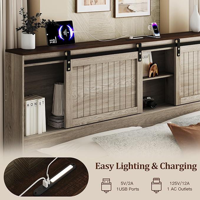 King Size Bed Frame with Storage Headboard, Sliding Barn Door, Wood Platform Bed with Reading Light and Charging Station, Wood Slats Support, Easy Assembly, Noise-Free, Light Rustic Oak