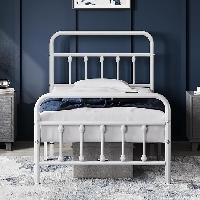 Yaheetech Classic Metal Platform Bed Frame Mattress Foundation with Victorian Style Iron-Art Headboard/Footboard/Under Bed Storage/No Box Spring Needed/Twin Size White