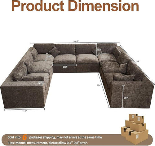155''Cloud Boneless Sectional Couch, Modular Sectional Sofa Deep Seat, Oversized Upholstered Convertible Comfy 8 Seater Chenille Memory Foam Sofa U Shape Couches for Living Room, Brown