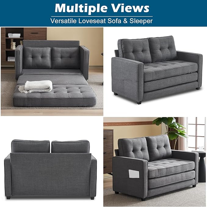 VINGLUpgraded Loveseat Sleeper, 53.5"W 83"L Convertible Sofa Bed Couch Futon Couches for Living Room, Twin Folding Couch Bed for Small Spaces, Foldable Floor Gaming Sofa Bed for Basement, Dark Grey