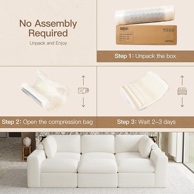Belffin Boneless Modular Cloud Sectional Sleeper Sofa Bed Plush Corduroy Boneless Sectional Couches for Living Room with Ottoman No Assembly Required. Beige Couch