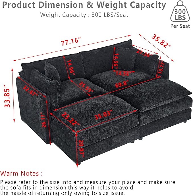 Setawix Deep Loveseat Couch with Ottomans,Large 2 Seater Lounger Cloud Couches for Living Room,77.16" Chenille Cloud Sofas with Deep Seat,Modular Sectional Sleeper Sofa for Bedroom (Black, 2+2)