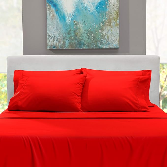 Hearth & Harbor Extra Deep Pocket Sheets - Fits Mattress 18-24 Inches Deep - Extra Deep Pocket Twin XL Sheets Sets - 4 Piece Twin XL Size - Cherry Red