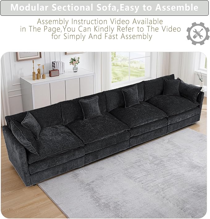 Setawix Chenille Cloud Couches for Living Room,4 Seater Cloud Sofa Couch with Deep Seat,147.22" Roomy Cloud Sofas,Modular Sectional 4 Seat Sofa with Pillows for Bedroom (Black, 4 Seater)