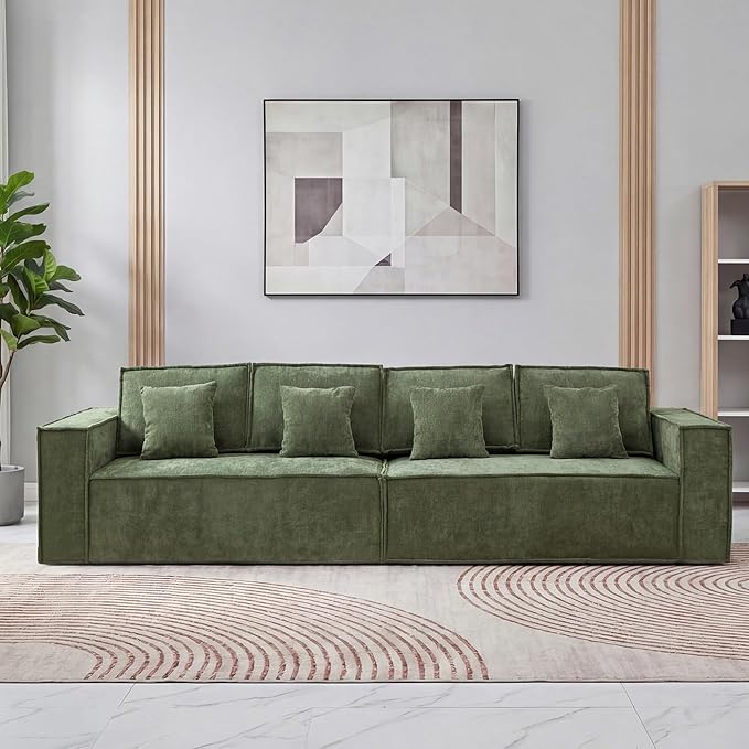 108'' Comfy Chenille Boneless Couch, Oversized Modular Sectional 4 Seater Sofa, Modern Deep Seat Corner Cloud Compressed Couch, No Assembly Sleeper Sofa with Chaise for Living Room, Green
