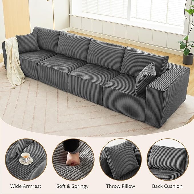 Sectional Cloud Boneless Couch 137" Modern Comfy Linear Straight No Assembly Required Convertible Compression Sleeper Modular Sofa with Corduroy Fabric 4 Deep Seat Single for Living Room