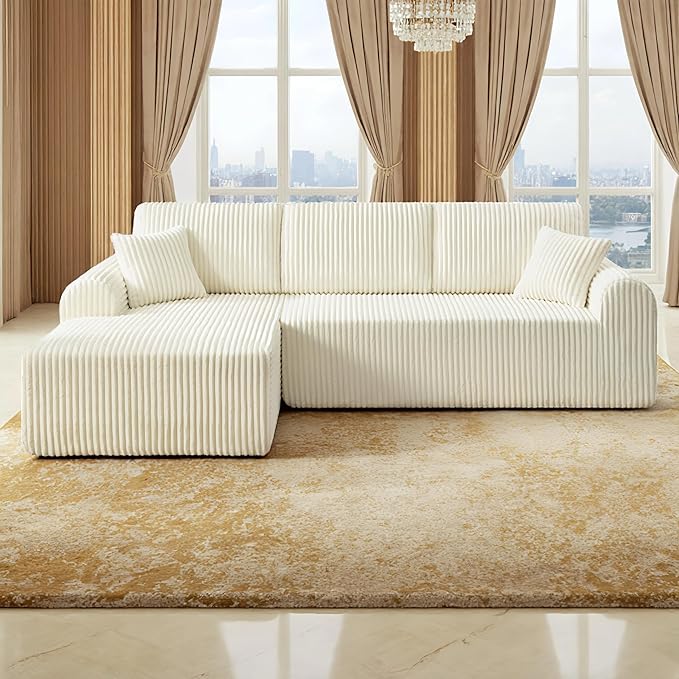 109“L-Shaped Sectional Sofa Boneless Couch Upholstery Cloud Modular Couch with Chaise No Assembly Required Corduroy Fabric Combination Deep Seat Living Room Bedroom (Cream, Left Hand Facing)