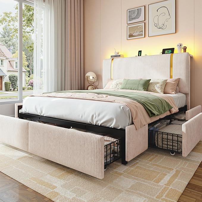 Homkdom Full Size Bed Frame with Adjustable Headboard Soft Upholstered Bed Frame Full with 6 Storage Drawers, LED Light & Charging Station,Noise Free,No Box Spring Needed,Modern,Beige