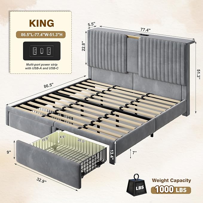 Homkdom King Size Bed Frame with Velvet Storage Headboard, 2 Large Drawers & 3 Charging Ports, 51.3" Tall King Bed Frame, Sturdy Wood Slats, No Box Spring Needed, Grey