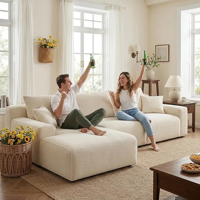 97”Modular Sectional Sofa, Cloud Sectional Couch with Deep Seat, Modern Modular L-Shape Sofa Couch, Upholstered Boneless Couches for Living Room Bedroom (White Check, Left Facing Chaise)