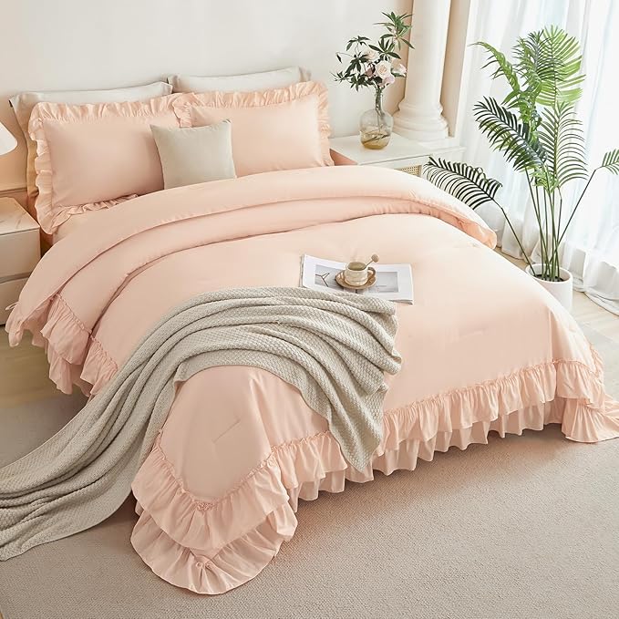 ANGIYUIN Pink Girls Twin Comforter Set 5Pcs Double Ruffled Fluffy Bed in A Bag Solid Color Farmhouse Boho Bed Set Soft Shabby Chic Bedding Comforter Set with Sheets(Pink Twin)