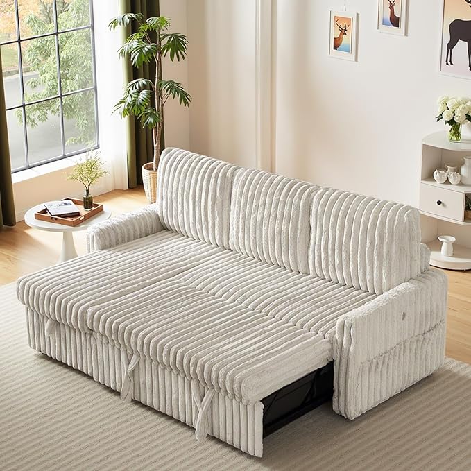 Sleeper Sofa Bed, 81” Pull Out Couch Bed, 3 in 1 L-Shaped Couch with Charging Station, Cup Holder, Side Pocket, Couches for Living Room(Plush Beige)