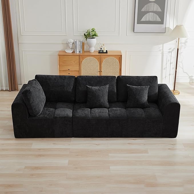110''Modular Sectional Couches for Living Room, Cloud Boneless Compressed Sectional Sofa, Oversized 3 Seater Upholstered Memory Foam Sofa, No Assembly, Chenille Black