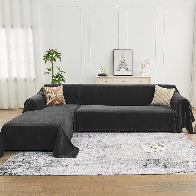 Sectional Couch Covers, 2 Pieces Chenille Sofa Cover L Shaped Couch Cover Blanket for Dogs Washable Sofa Slipcovers Pet Furniture Protector (X-Large: 71" x 110" + 71" x 118", Graphite Gray)