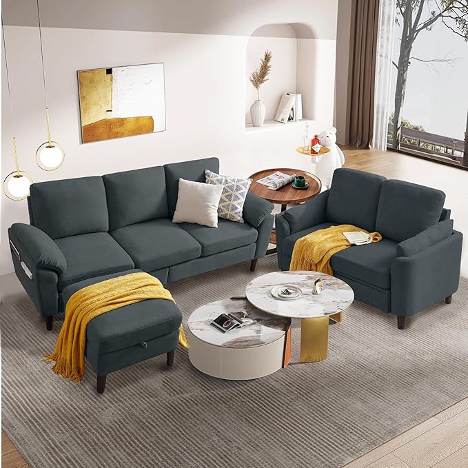 80" Convertible Sectional Sofa Set, Modern Linen Small L Shaped Couch with Reversible Chaise and Loveseat Sofa, 3-Seat Sofa Couches for Living Room, Office, Apartment, Dark Grey