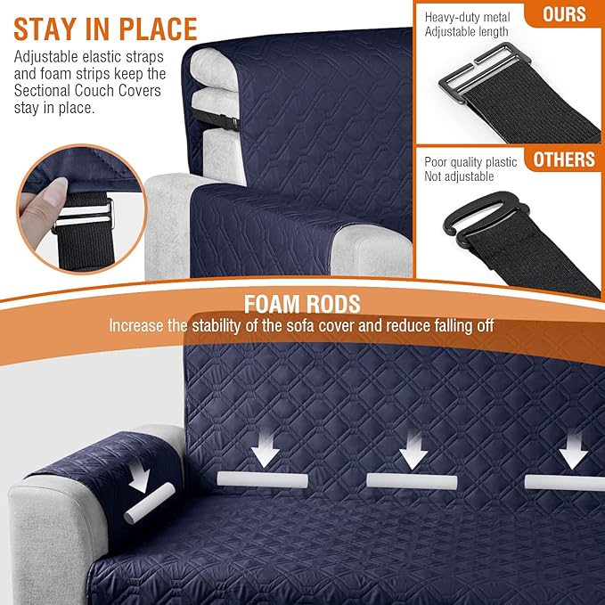 VANSOFY Sectional Couch Covers 100% Waterproof L Shaped Sofa Slipcover 3pcs Reversible Chaise Lounge Cover for Sectional Sofa Furniture Protector Cover for Pets Cat Dog(Large, Dark Blue)