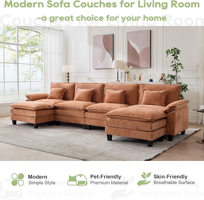 154" Modular Sectional Sofa, Comfy Cloud Couch Sectional Sofa with Ottoman, Chenille Sofa Sleeper Deep Seat Sofa with Throw Pillows for Living Room (Orange, 154"- U Shape)