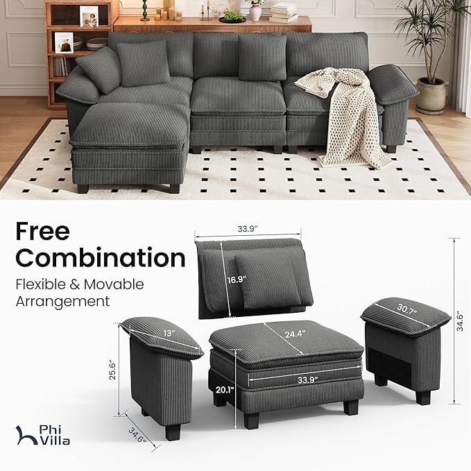 PHI VILLA Cloud Modular Couch Sets, 123.6" Sectional Sofa with L-Shaped Chaise, 4-Seater Upholstered Couches with MCorduroyovable Ottoman for Living Room, Corduroy Fabric, Grey
