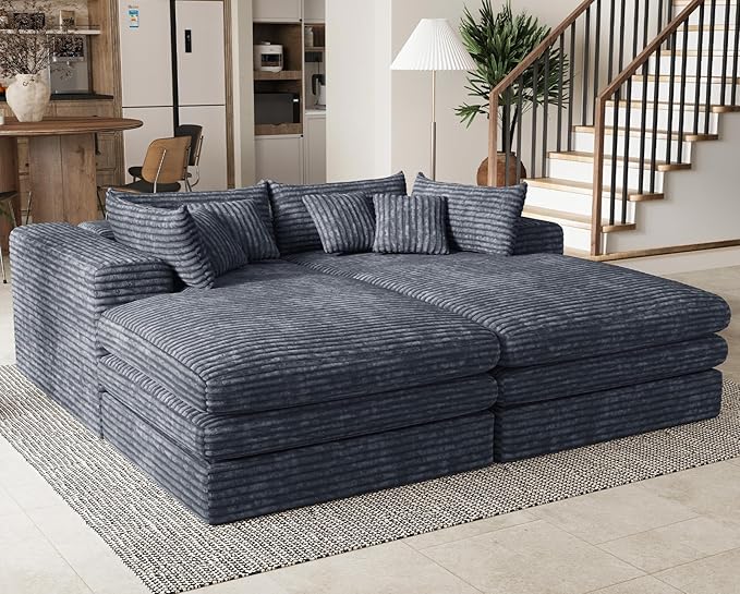 Belffin Double Chaise Lounge Sofa Bed Plush Corduroy Boneless Sectional Cloud Couches for Living Room Boneless Cloud Couch with Deep Seat No Assembly Required. Grey Sofa