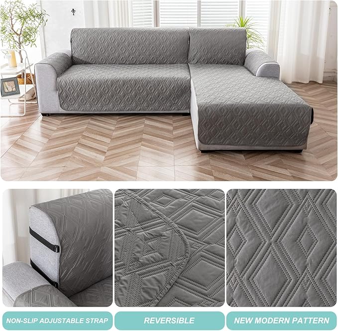 Genina Sectional Couch Covers for Dogs L Shaped Sofa Covers Chaise Lounge Cover Reversible Couch Covers for Sectional Sofa L Shape Furniture Protectors Cover for Pets, Kids (Gray, X-Large)