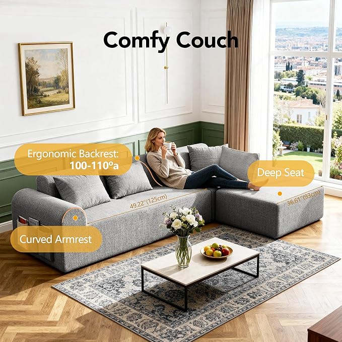 2026 New 105.5”Cloud Boneless Sectional Sofa for Living Room, L-Shaped 4-Seater Modular Couch with Ottoman, 4 Pillows, Deep Seat Chenille Fabric Sofa, No Assembly, 72H Full Restore, Light Grey