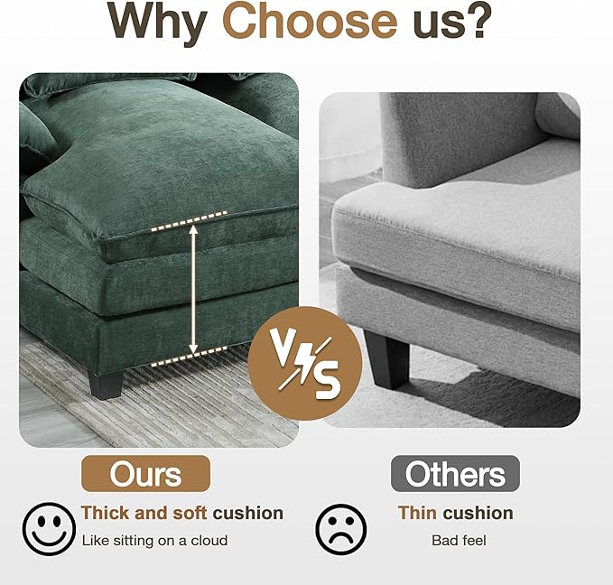110.2" Modular U Shaped Cloud Couch, Modern 4-Seat Chenille Upholstery Sectional Sofa with Double Chaise & Double Layer Cushions, Deep Seat Comfy Couch for Living Room, Bedroom, Apartment, Green